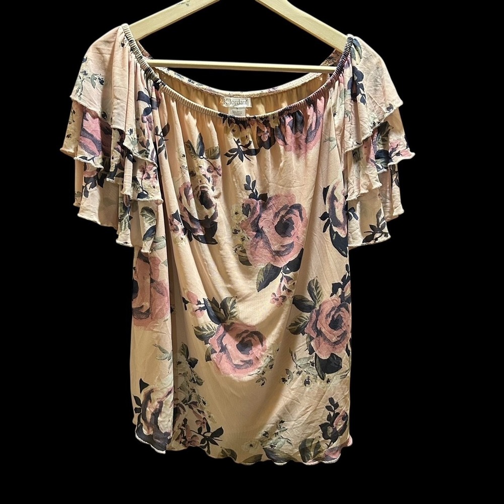 K Jordan Floral Blouse On or Off Shoulder Short Sleeves Size Medium T2911